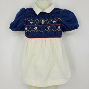 Vintage Hand Smocked By Pioneer Baby Dress Girls 3T Floral Blue White